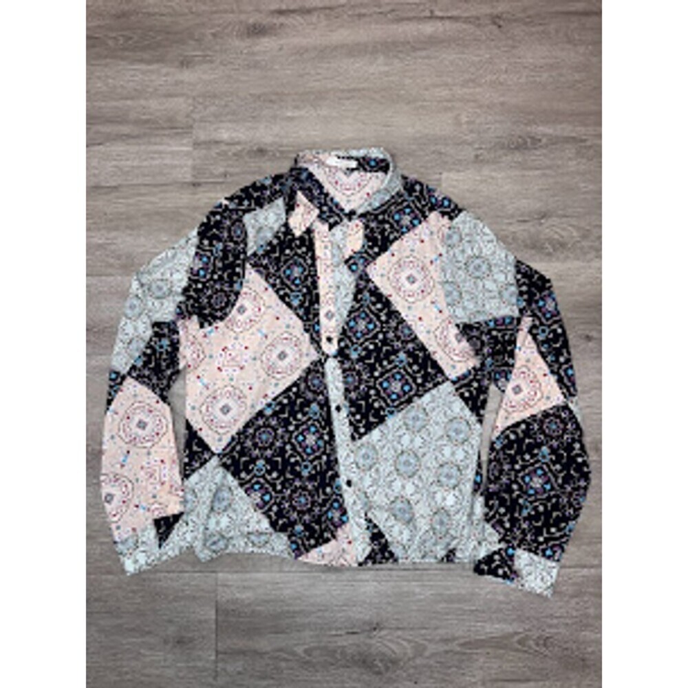 Patchwork Floral Print Button Front Long Sleeve Blouse Boho Artsy XL
